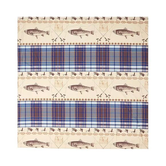 Fly Fishing Shower Curtain Rod Reel Lures Fish Lodge Blue Plaid Tan 72" sq. NEW - Picture 2 of 4